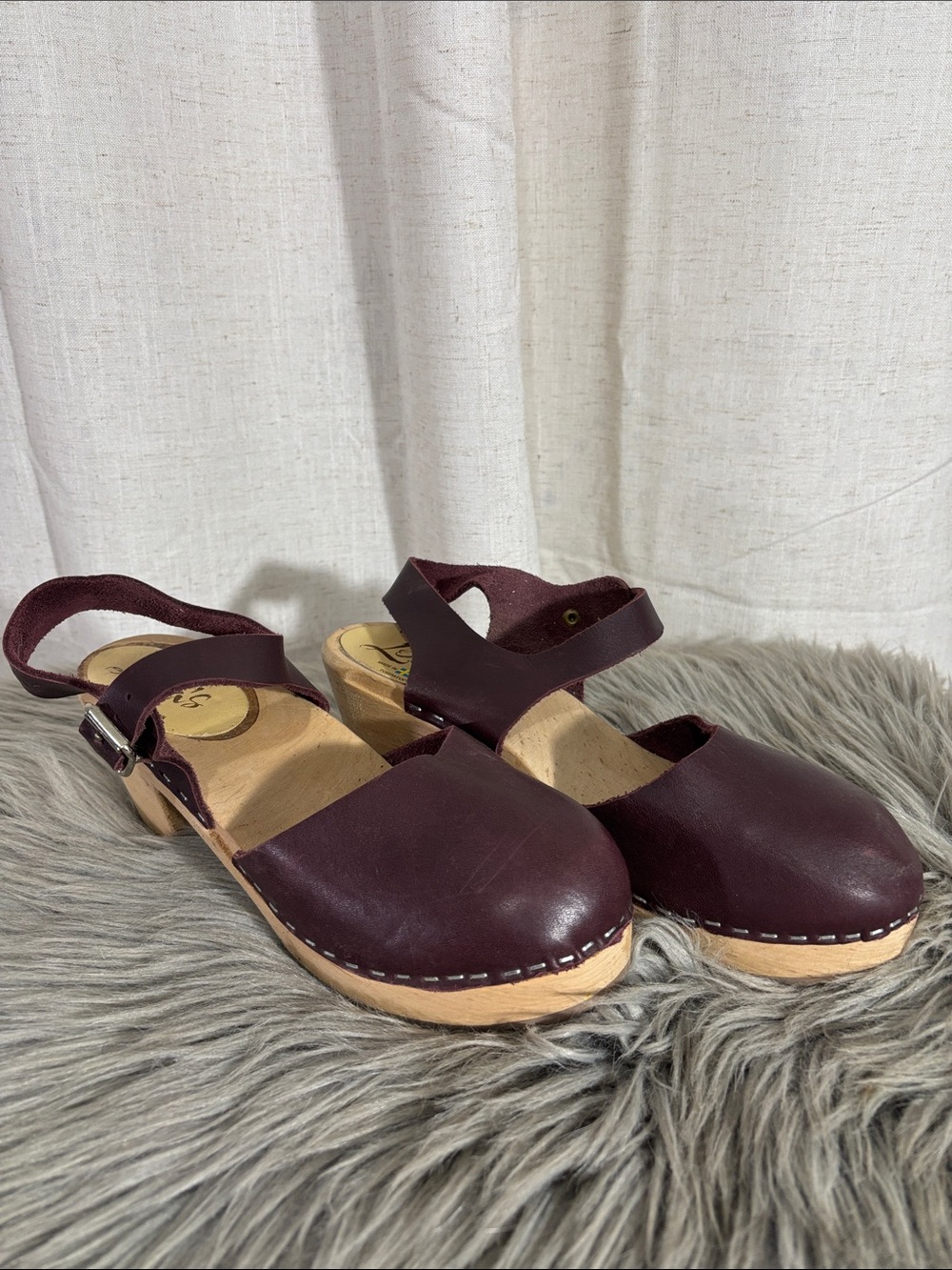 Lotta From Stockholm Women’s Aubergine Leather Clog Sandals with Heel Strap